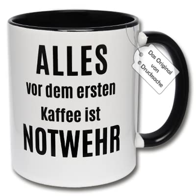 Lustige Tasse, Kaffeetasse mit Spruch Alles vor dem ersten Kaffee ist Notwehr Geschenkidee für Morgenmuffel (A: Schwarz-Weiße Tasse) von Carol Rose Photography