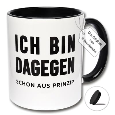 Lustige Tasse mit Deckel, ICH BIN DAGEGEN SCHON AUS PRINZIP! Kaffeetasse für Arbeit und Büro (A: Schwarz-Weiße Tasse inkl. schwarzem Tassendeckel) von Carol Rose Photography