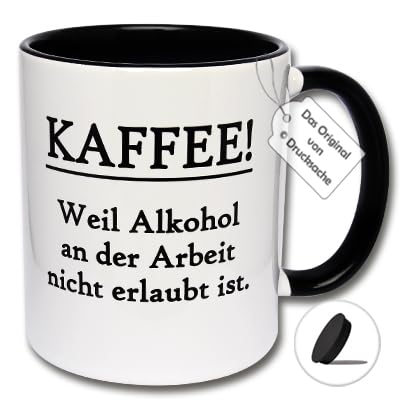 Lustige Tasse mit Deckel, Kaffeetasse KAFFEE! Weil Alkohol an der Arbeit nicht erlaubt ist. Spruchtasse für Arbeit und Büro (A: Schwarz-Weiße Tasse inkl. schwarzem Tassendeckel) von Carol Rose Photography