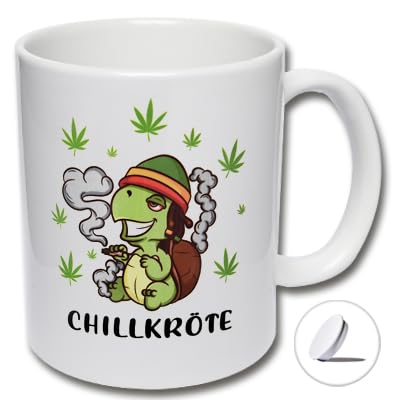 Lustige Tasse mit Deckel CHILLKRÖTE Marihuana Cannabis Kaffeetasse Schildkröte Spruchtasse Kiffer (B: Weiße Tasse inkl. weißem Tassendeckel) von Carol Rose Photography