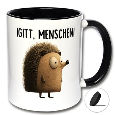 Lustige Tasse mit Deckel und Igel-Motiv IGITT, MENSCHEN! Kaffeetasse, Teetasse, Keramiktasse für Arbeit und Büro (A: Schwarz-Weiße Tasse inkl. schwarzem Tassendeckel) von Carol Rose Photography
