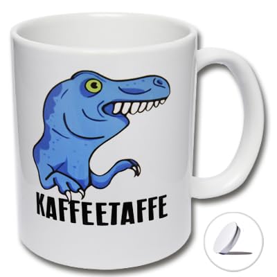 Lustige Tasse mit Dinosaurier KAFFEETAFFE Kaffeetasse inkl. Tassendeckel, Spruchtasse mit T-Rex (B: Weiße Tasse inkl weißem Tassendeckel) von Carol Rose Photography