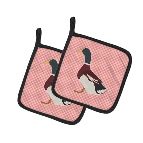 Caroline's Treasures BB7856PTHD Rouen Duck Pink Check Paar Topflappen Küche Hitzebeständige Topflappen Sets Ofen Hot Pads zum Kochen Backen BBQ 7 1/2 x 7 1/2 von Caroline's Treasures