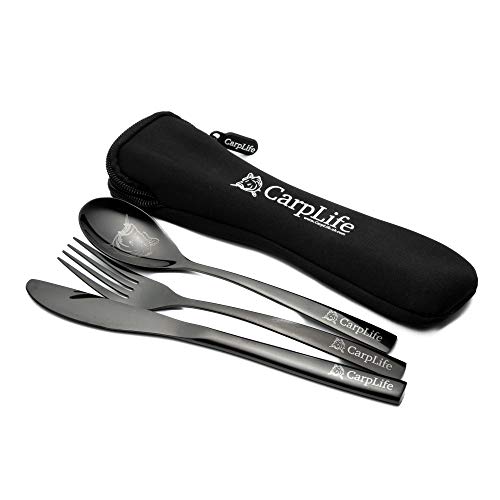 CarpLife Besteckset zum Karpfenangeln, Edelstahl, geätztes Design, Schwarz von CarpLife Products Ltd