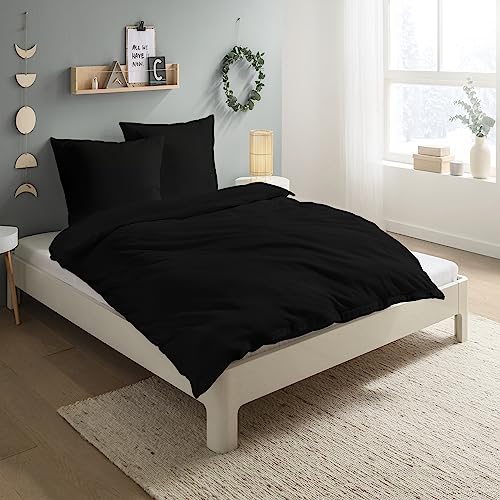 Carpe Sonno Biber Bettwäsche 200 x 220 cm Baumwolle - 2tlg Bettwäsche Winter - Set aus Deckenbezug mit Reißverschluss + Kissenbezug - Flauschige Winter Bettwäsche Flanell - Schwarz von Carpe Sonno