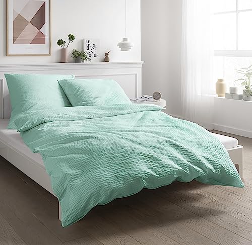 Carpe Sonno Seersucker Bettwäsche 155 x 220 cm Baumwolle - 2tlg Bettwäsche Sommer Kühlend - Set aus Deckenbezug + Kissenbezug - mit Reißverschluss - Sommerbettwäsche Bügelfrei - Mint von Carpe Sonno