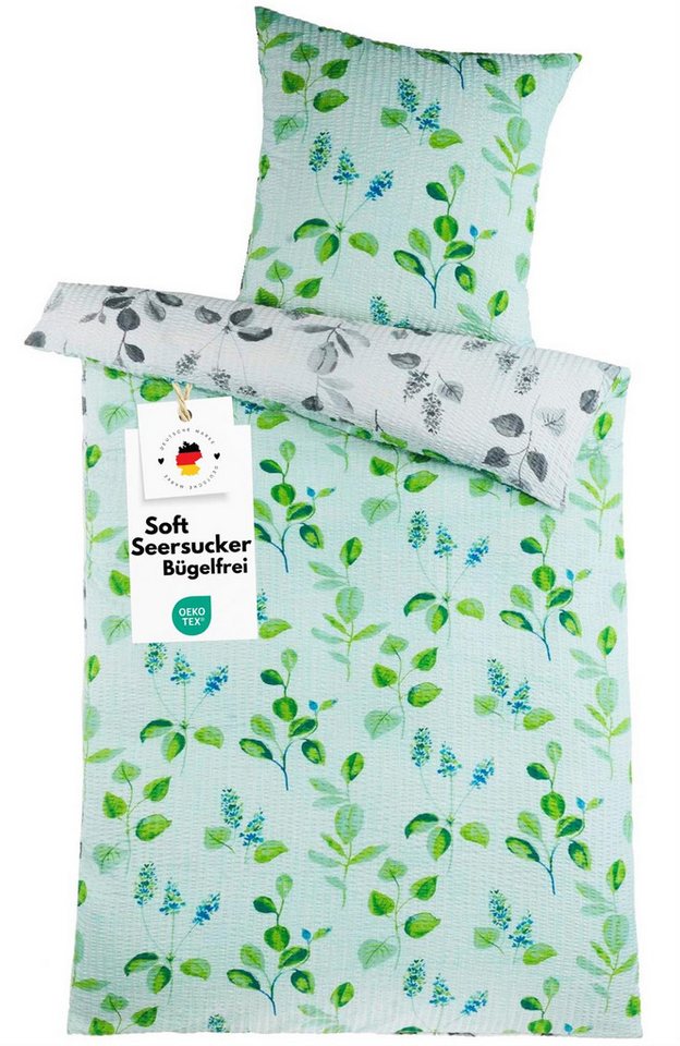 Carpe Sonno Bettwäsche Seersucker 135x200 Mikrofaser Bügelfrei Reißverschluss Sommer Bettzeug, Soft-Seersucker, 2 teilig, Kühlend leichte Wendebettwäsche Blumen Grau Grün von Carpe Sonno