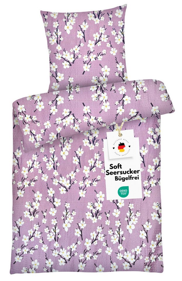 Carpe Sonno Bettwäsche Seersucker 135x200 Sommer Bettbezug kühlend Blume Baumwoll Grau Rosa, Seersucker, 2 teilig, Kühlende Bettwaren Bügelfrei Pflegeleicht Floral Kirschblüte Rosa von Carpe Sonno
