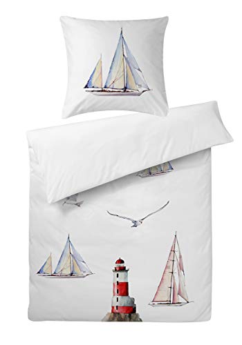 Carpe Sonno Mako Satin Bettwäsche 135x200 cm weiß - Elegante Wendebettwäsche mit Segelboot, Leuchtturm & Möwe aus 100% Baumwolle - 2teilig modernes Bettzeug Garnitur Kopfkissenbezug - Made in Germany von Carpe Sonno