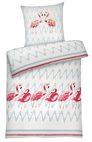 Carpe Sonno Seersucker Bettwäsche 135 x 200 cm Baumwolle - 2 teilig Bettwäsche-Sets aus Deckenbezug + Kissenbezug - mit Reißverschluss für Bettwäsche - Tiermuster Bettwäsche Bügelfrei - Flamingo von Carpe Sonno