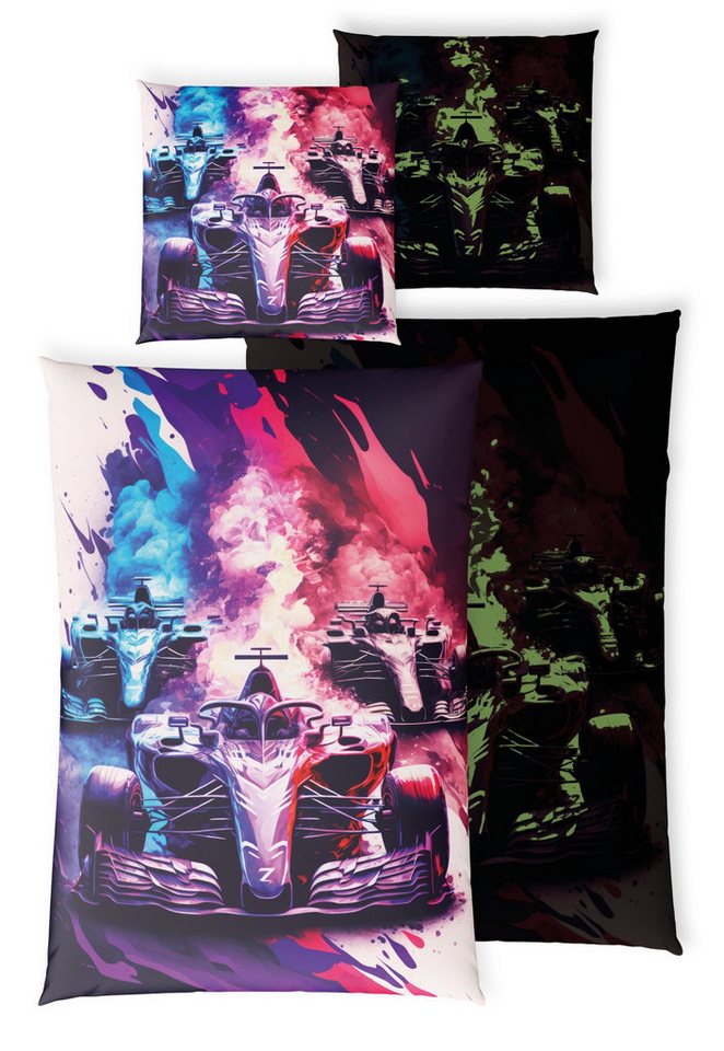 Carpe Sonno Kinderbettwäsche 135x200 +10 SPIELE +KINDERBUCH Baumwoll Bettwäsche Kind Jungen Mädchen, Renforcé, 2 teilig, Coole Bett Garnitur Auto Rennauto Rennwagen Sportwagen von Carpe Sonno