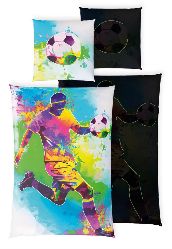 Carpe Sonno Kinderbettwäsche 135x200 +10 SPIELE +KINDERBUCH Baumwoll Bettwäsche Kind Jungen Mädchen, Renforcé, 2 teilig, Coole Fussballbettwäsche Set Sport Soccer Fussball Spieler von Carpe Sonno