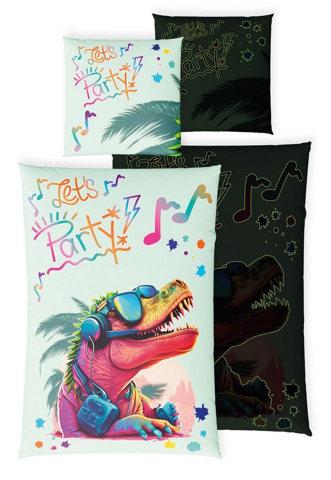 Carpe Sonno Kinderbettwäsche 135x200 +10 SPIELE +KINDERBUCH Baumwoll Bettwäsche Kind Jungen Mädchen, Renforcé, 2 teilig, Coole Party Dino Bettset Bettzeug Dinosaurier Disco von Carpe Sonno