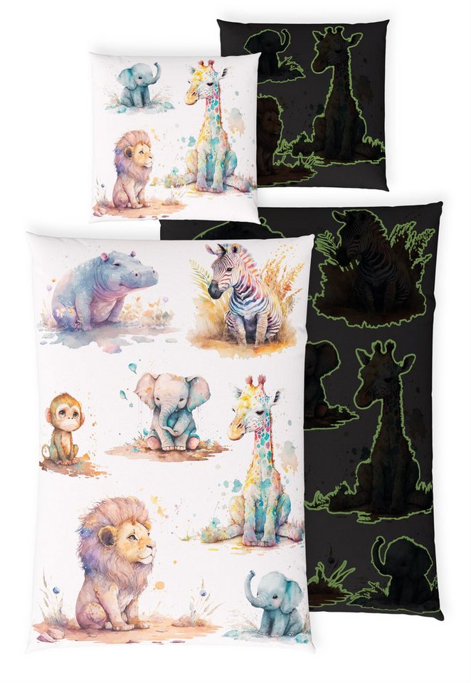 Carpe Sonno Kinderbettwäsche 135x200 +10 SPIELE +KINDERBUCH Baumwoll Bettwäsche Kind Jungen Mädchen, Renforcé, 2 teilig, Tiermotiv Kinder Bettwäsche Löwe Nilpferd Elefant Giraffe Zebra Affe von Carpe Sonno