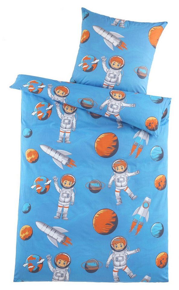 Carpe Sonno Kinderbettwäsche 135x200 Jungen Mädchen Kinder Bettwäsche Mikrofaser Kinderbettbezug, Mikrofaser, 2 teilig, Blaue Polyester Kinder Bettwäsche Astronaut Weltall Weltraum von Carpe Sonno