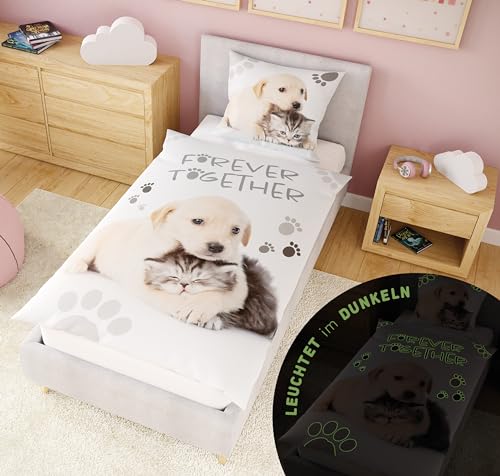 Carpe Sonno Kinderbettwäsche 135x200 Tiere + 10 Spiele - Leuchtende Kinder Bettwäsche Glow in The Dark - Hunde Bettwäsche 135x200 Baumwolle - Katzen Bettwäsche leuchtet im Dunkeln von Carpe Sonno