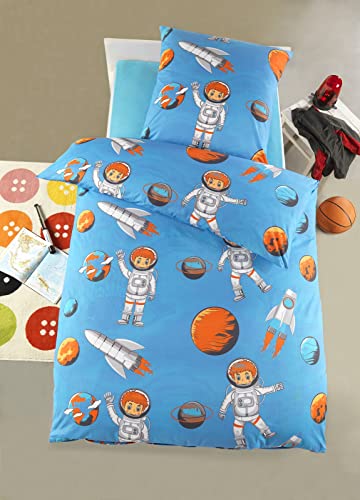 Carpe Sonno Kinderbettwäsche 135x200 cm Astronaut Kinder Bettwäsche Jungen - Microfaser Kinder-Bettwäsche Set 2tlg mit Kissenbezug 80x80 cm Bettbezug blau von Carpe Sonno