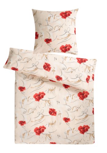Carpe Sonno Seersucker Bettwäsche 155 x 220 cm Baumwolle - 2 teilig Bettwäsche-Sets aus Deckenbezug + Kissenbezug - mit Reißverschluss für Bettwäsche - Geblümt Bettwäsche Bügelfrei - Creme, Rot von Carpe Sonno