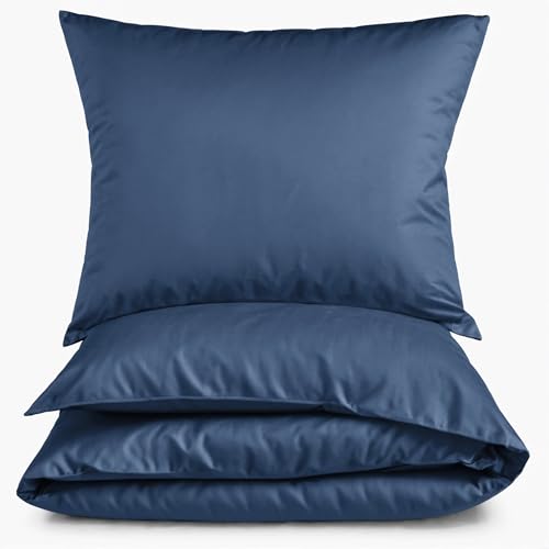 Carpe Sonno Mako Satin Bettwäsche 135x200 cm Marine-Blau - Hochwertiger Bettbezug aus 100% gekämmter Baumwolle – Ganzjahresbettwäsche Bettgarnitur Set 2teilig mit Kopfkissenbezug Uni blau einfarbig von Carpe Sonno