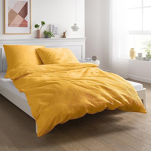 Carpe Sonno Seersucker Bettwäsche 155 x 220 cm Baumwolle - 2tlg Bettwäsche Sommer Kühlend - Set aus Deckenbezug + Kissenbezug - mit Reißverschluss - Sommerbettwäsche Bügelfrei - Orange von Carpe Sonno