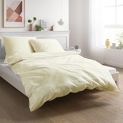 Carpe Sonno Seersucker Bettwäsche 155 x 220 cm Baumwolle - 2tlg Bettwäsche Sommer Kühlend - Set aus Deckenbezug + Kissenbezug - mit Reißverschluss - Sommerbettwäsche Bügelfrei - Creme von Carpe Sonno