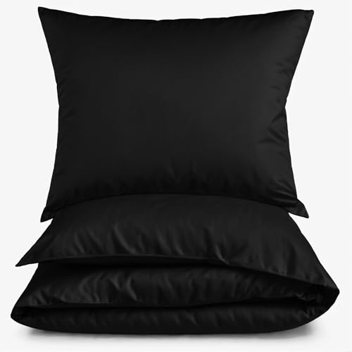 Carpe Sonno einfarbig Schwarze Mako Satin Bettwäsche 155 x 220 cm - Bettbezüge mit Stil aus 100% gekämmter Baumwolle – Mako-Satin Uni Schwarz Bettbezug Set 155x220 mit Kopfkissen-Bezug von Carpe Sonno