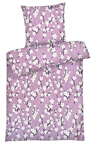 Carpe Sonno geblümte Seersucker Bettwäsche 135 x 200 cm Baumwolle - Sommer Bettwäsche-Sets aus Deckenbezug + Kissenbezug - Blumenmuster Bettwäsche Bügelfrei - Kirschblüte Rosa von Carpe Sonno
