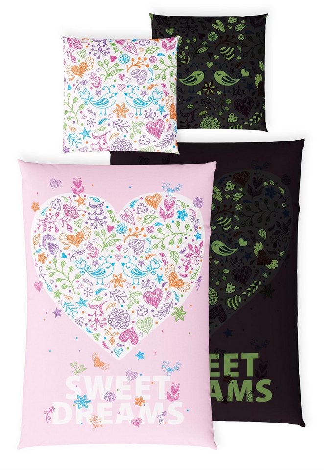 Carpe Sonno Kinderbettwäsche 135x200 - Leuchtende Bettwäsche für Mädchen rosa – Herz & Blumen, Renforcé, 2 teilig, Bettbezug für Kinder 100% Baumwolle, Bettzeug GLOW IN THE DARK von Carpe Sonno