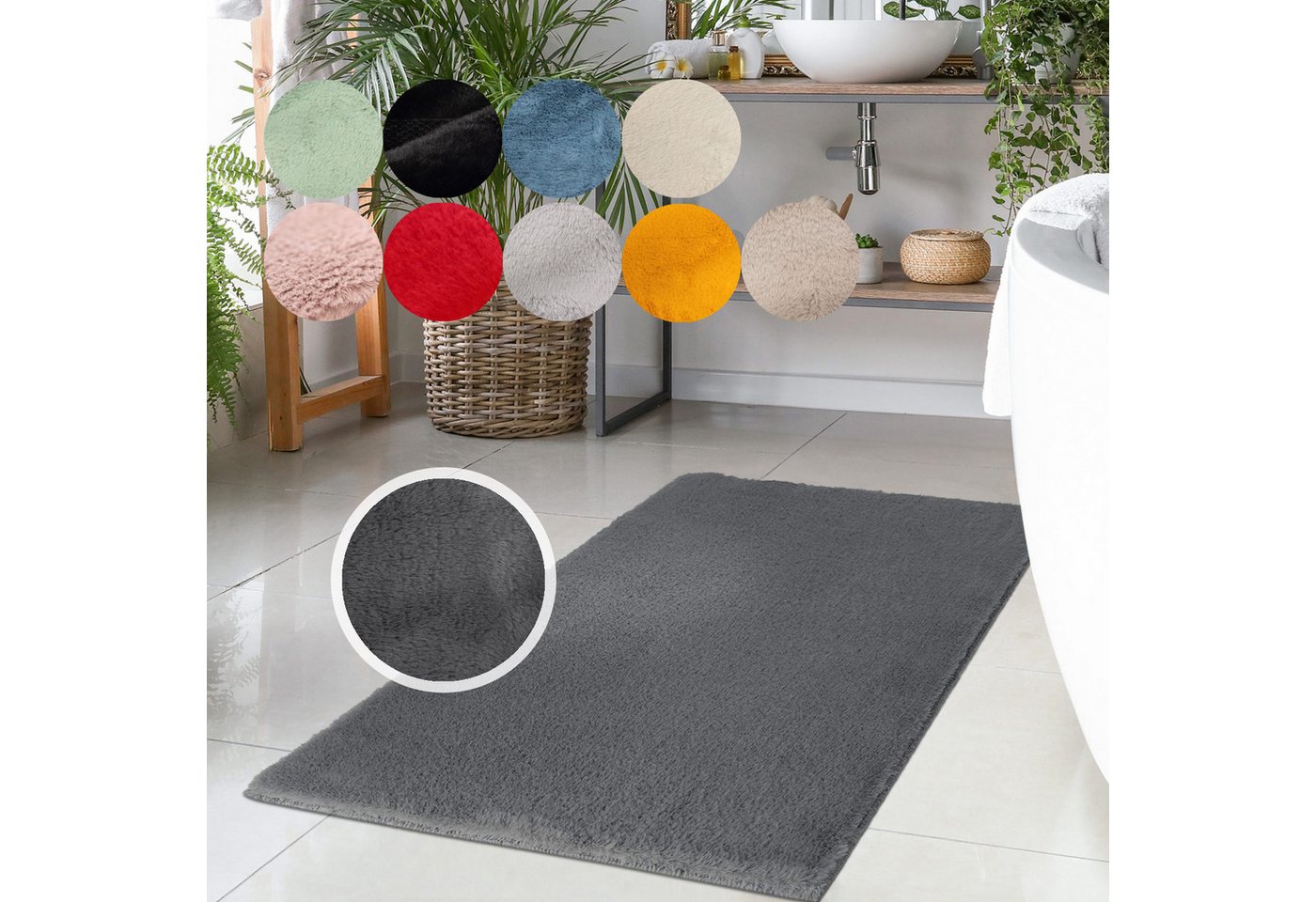 Badematte Topia Mats, Badteppich uni Carpet City, Höhe 14 mm, rutschhemmend beschichtet, strapazierfähig, Polyester, rechteckig, Hochflor, Kaninchen Haptik, Polyester, Badezimmerteppich, waschbar von Carpet City