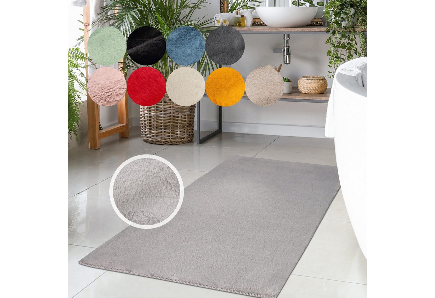 Badematte Topia Mats, Badteppich uni Carpet City, Höhe 14 mm, rutschhemmend beschichtet, strapazierfähig, Polyester, rechteckig, Hochflor, Kaninchen Haptik, Polyester, Badezimmerteppich, waschbar von Carpet City