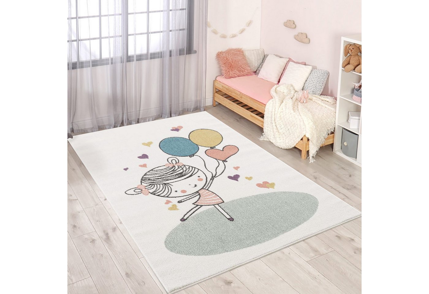 Carpet City Kinderteppich Anime9393, rechteckig, Höhe: 11 mm, Spielteppich, Mädchen, Herzen, Ballon, Weicher Flor, Pflegeleicht von Carpet City