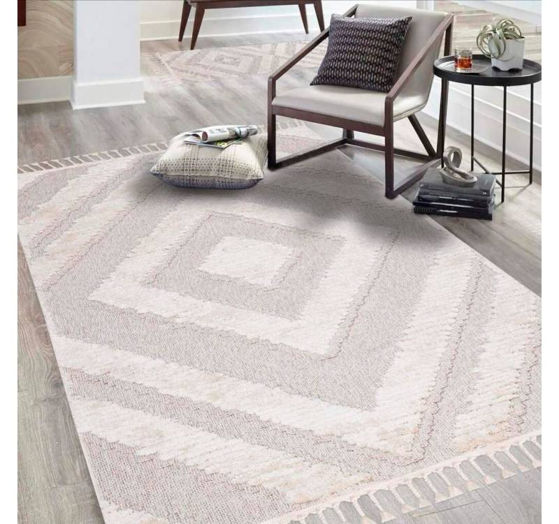 Carpet City Hochflor-Teppich Valencia 813, rechteckig, Höhe: 20 mm, Läufer, Boho-Stil, 3D-Effekt, Raute, Hoch-Tief-Struktur, mit Fransen von Carpet City