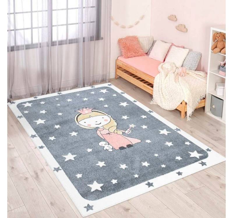 Carpet City Kinderteppich ANIME893, rechteckig, Höhe: 11 mm, Kinderzimmer Teppich Modern mit Mond, Blumen, Wolken, Creme, Multi von Carpet City