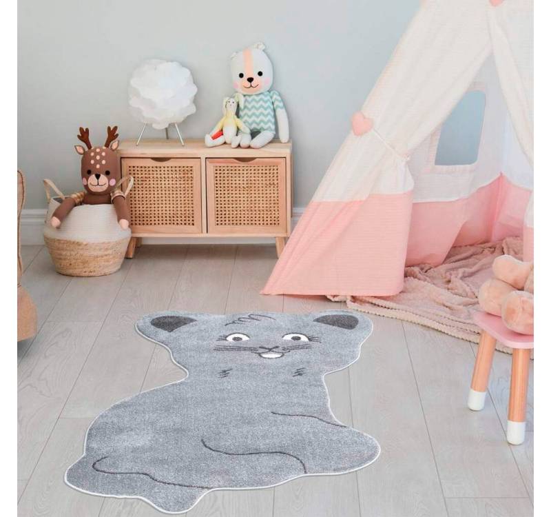 Carpet City Kinderteppich ANIME894, Motivform, Höhe: 11 mm, Kinderzimmer Teppich Modern mit Mond, Blumen, Wolken, Creme, Multi von Carpet City