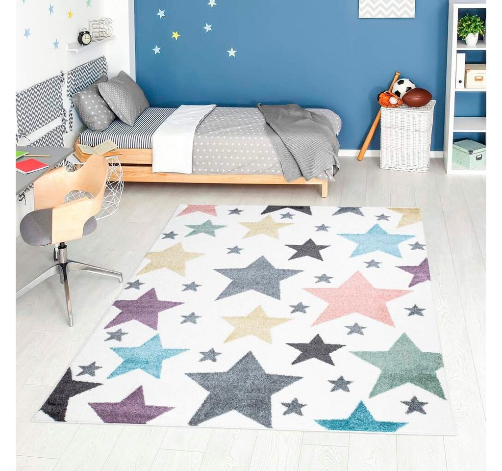 Kinderteppich ANIME903, Carpet City, rechteckig, Höhe: 11 mm, Kinderzimmer Teppich Modern mit Mond, Blumen, Wolken, Creme, Multi von Carpet City