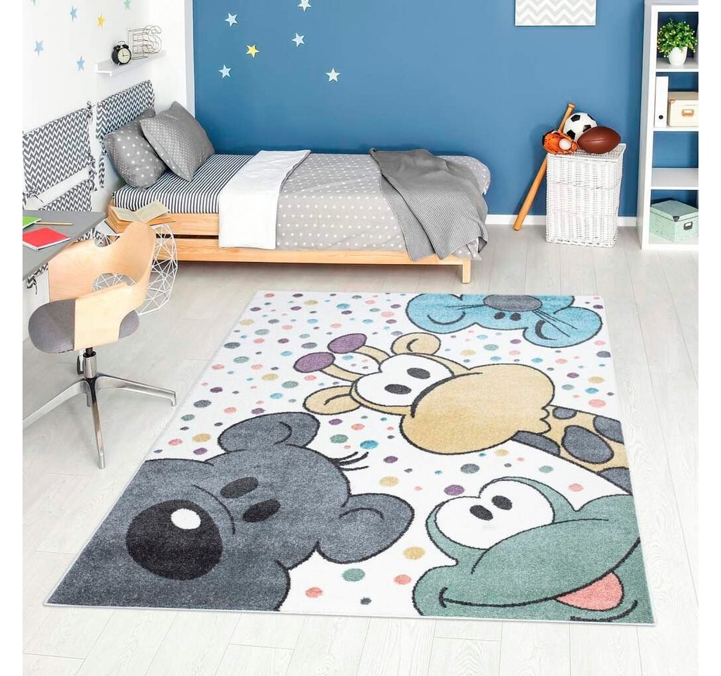 Kinderteppich ANIME913, Carpet City, rechteckig, Höhe: 11 mm, Kinderzimmer Teppich Modern mit Mond, Blumen, Wolken, Creme, Multi von Carpet City