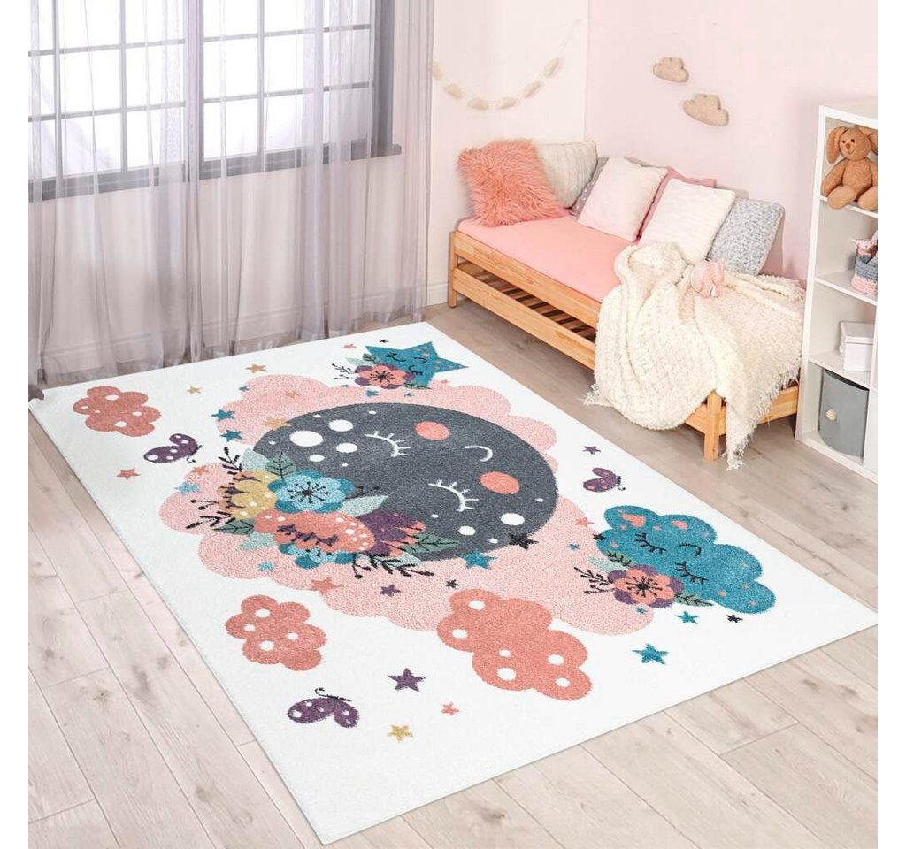 Kinderteppich ANIME917, Carpet City, rechteckig, Höhe: 11 mm, Kinderzimmer Teppich Modern mit Mond, Blumen, Wolken, Creme, Multi von Carpet City