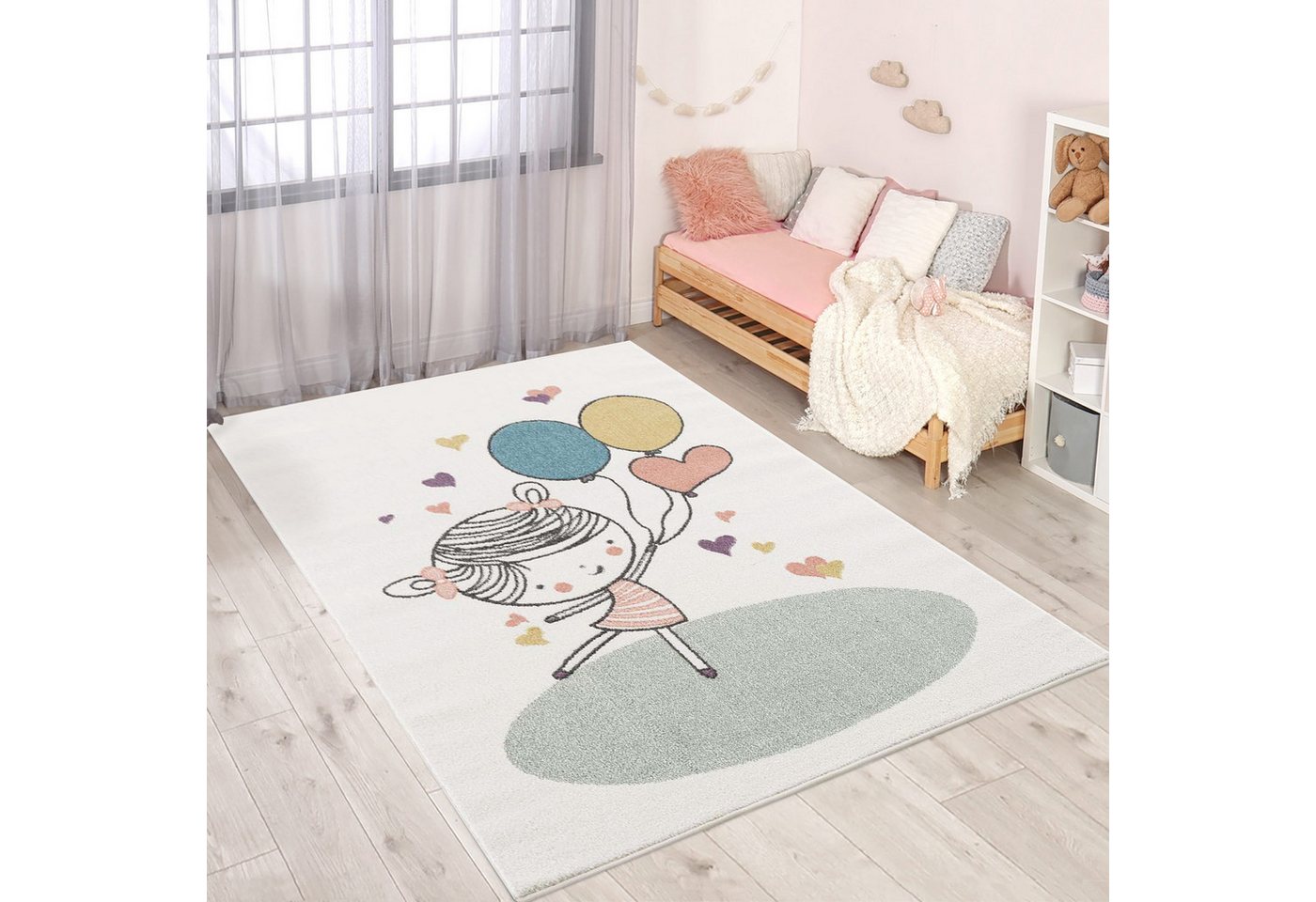 Kinderteppich Anime9393, Carpet City, rechteckig, Höhe: 11 mm, Spielteppich, Mädchen, Herzen, Ballon, Weicher Flor, Pflegeleicht von Carpet City