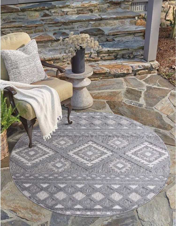 Teppich In-& Outdoorteppich Santorini 435, 3D-Effekt, Boho-Look, Carpet City, rund, Höhe: 5 mm, Wetterfest & UV-beständig für Terrasse, Balkon, Küche, Flur von Carpet City