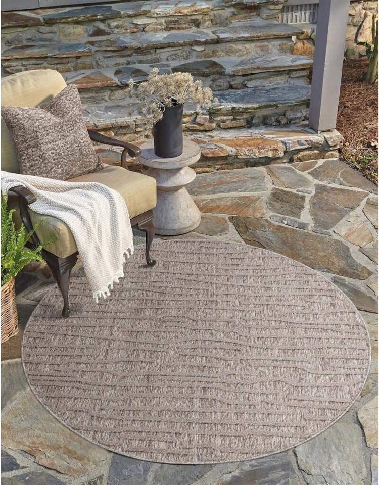 Teppich In-& Outdoorteppich Santorini 450, 3D-Effekt, Gestreift, Carpet City, rund, Höhe: 5 mm, Wetterfest & UV-beständig für Terrasse, Balkon, Küche, Flur von Carpet City