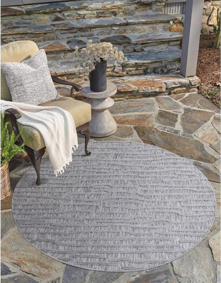 Teppich In-& Outdoorteppich Santorini 450, 3D-Effekt, Gestreift, Carpet City, rund, Höhe: 5 mm, Wetterfest & UV-beständig für Terrasse, Balkon, Küche, Flur von Carpet City