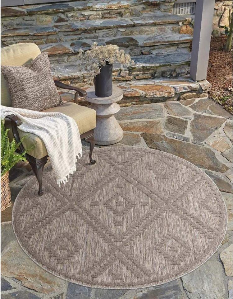 Teppich In-& Outdoorteppich Santorini 454, 3D-Effekt, Raute-Optik, Carpet City, rund, Höhe: 5 mm, Wetterfest & UV-beständig für Terrasse, Balkon, Küche, Flur von Carpet City