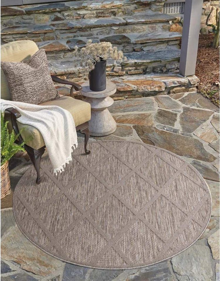 Teppich In-& Outdoorteppich Santorini 457, 3D-Effekt, Raute-Look, Carpet City, rund, Höhe: 5 mm, Wetterfest & UV-beständig für Terrasse, Balkon, Küche, Flur von Carpet City