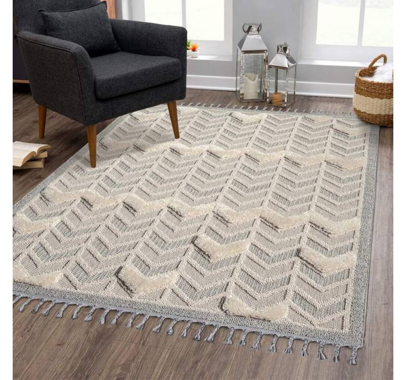 Carpet City Hochflor-Teppich VALENCIA 920, rechteckig, Höhe: 20 mm, Läufer, Boho-Stil, Hochtief-Muster/ 3D-Effekt, mit Fransen von Carpet City