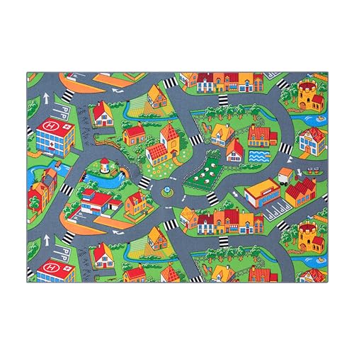 Carpet Studio Teppich Kinderzimmer 140x200cm, Kinderteppich, Spielteppich Straße Jungen & Mädchen, Teppiche für Babyzimmer, Schlafzimmer & Spielzimmer, Antirutsch, 30°C waschbar - Little Village von Carpet Studio