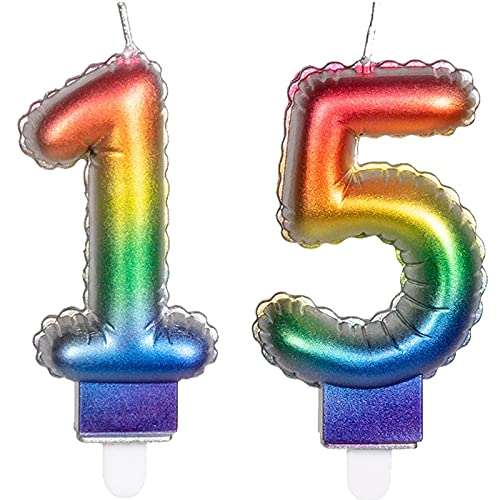 2 Zahlenkerzen * ZAHL 15 * in Regenbogen-Farben mit Steckfuß | ca. 9cm x 5,5cm groß | Farben Rainbow Deko Geburtstag Geburtstagskerze Kerze von Carpeta