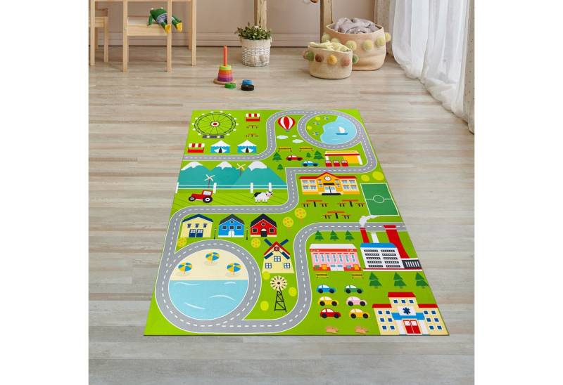 Carpetia Kinderteppich Rutschfester Kinderteppich strapazierfähig mit Stadt Motiv in Grün, rechteckig, Höhe: 5 mm von Carpetia