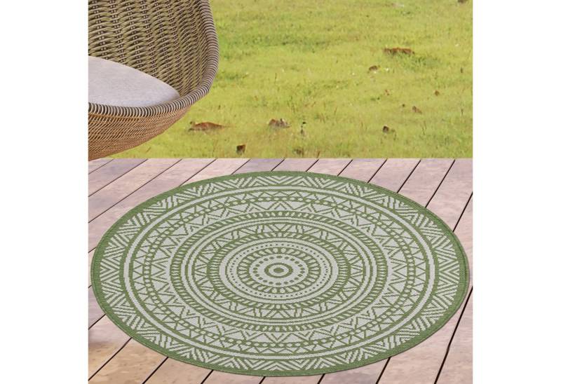 Carpetia Outdoorteppich In- & Outdoorteppich rund mit Ethno-Design – Grün und Weiß, Rund von Carpetia