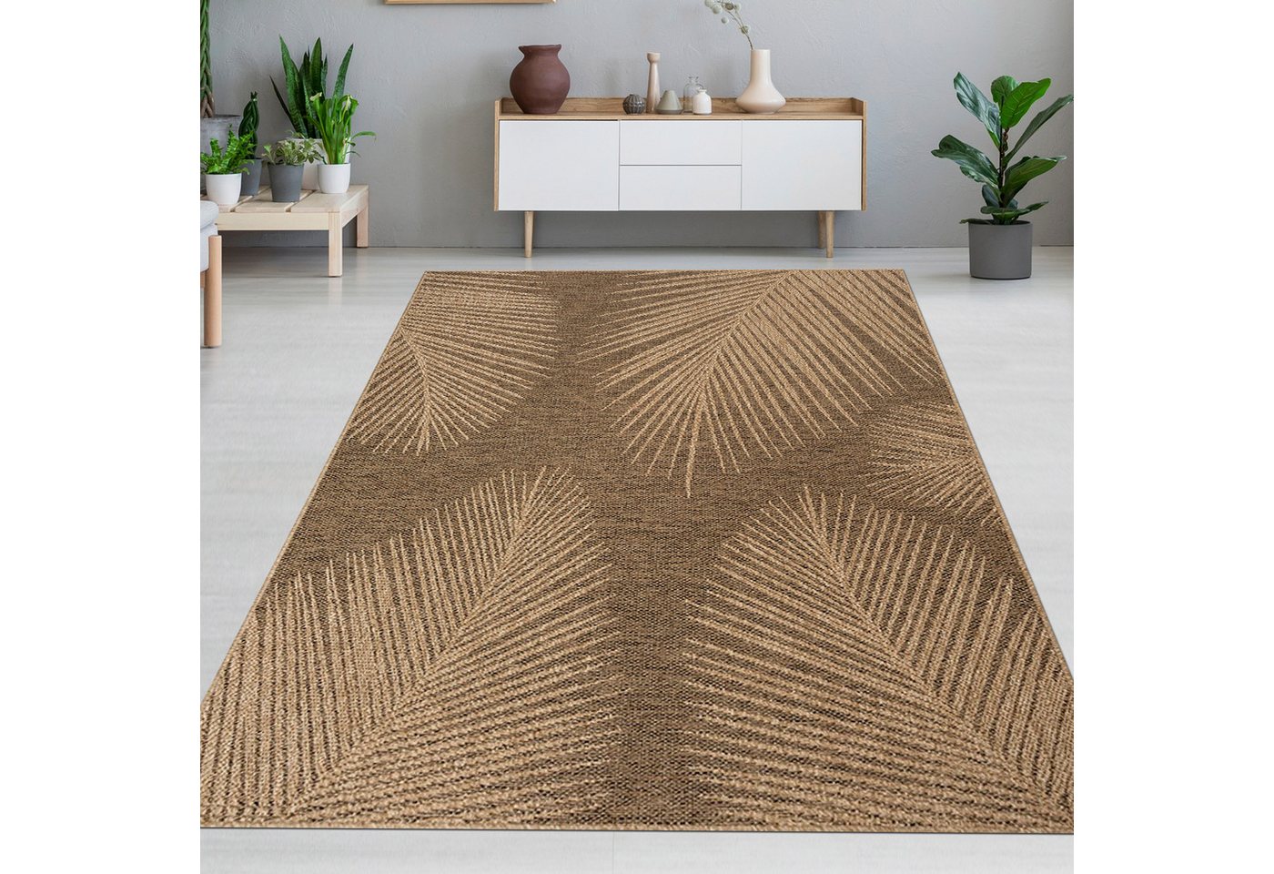 Carpetia Outdoorteppich Stilvoller In- und Outdoorteppich mit Blattmuster in Beige Braun, rechteckig von Carpetia
