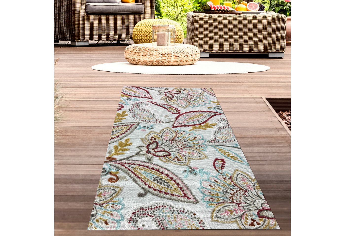 Carpetia Outdoorteppich Teppich Outdoor Wohnzimmer Blumen Muster 3d-effekt creme grau bunt, rechteckig von Carpetia